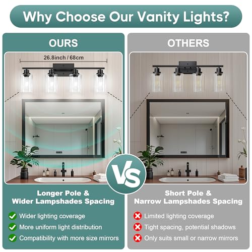 Image of Ascher Bathroom Light Fixtures, 4-Light Vanity Light Over Mirror, Matte Black Wall Sconces with Clear Glass Shades, Wall Lamp for Living Room Bedroom, E26 Base(Bulbs Not Included)