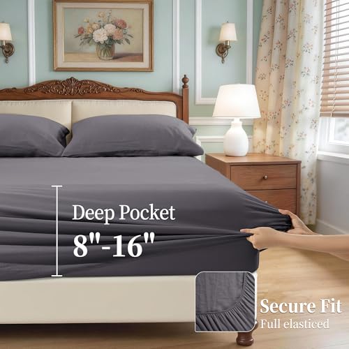 Image of 100% Pure Linen Sheet Set for Hot Sleepers, Breathable Natural Linen Sheets 4pcs, Bedding Set Deep Pocket Up to 16 inch Moisture-Wicking, Softens with Every Wash (Dark Gray Queen)