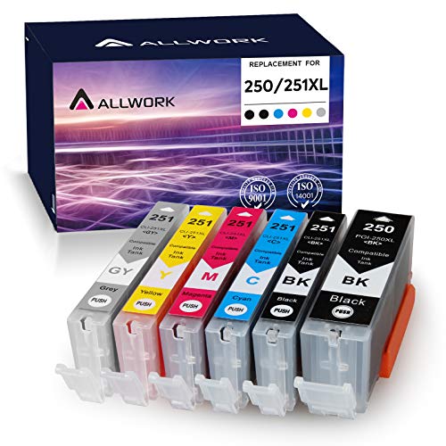Allwork Compatible Ink Cartridge Replacement for Canon PGI-250XL PGI 250 XL CLI-251XL CLI 251 XL to use with PIXMA MX922 MG5520 (1 Large Black, 1 Cyan, 1 Magenta, 1 Yellow, 1 Gray,1 Small Black)