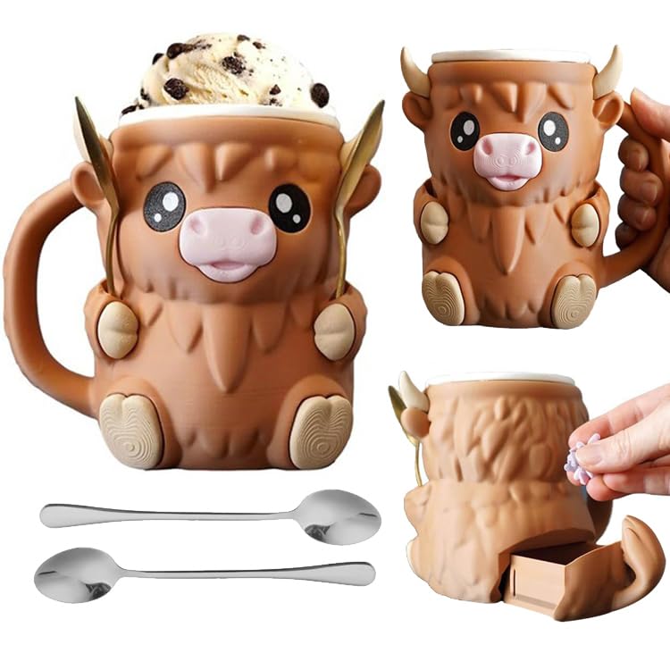 Highland Cow Ice Cream Pint Holder - 16 oz Reusable Cute Ice Cream Pint Popsicle Containers, Dessert Cup, Beer Can Holders, with Antifreeze Handle and Two Spoons, Gift for Cream Lovers (Brown Cow)
