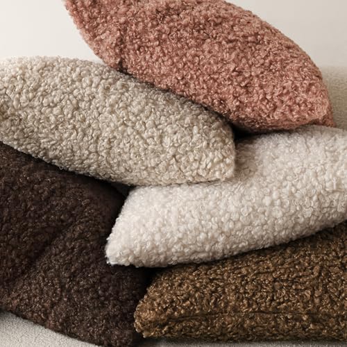 Image of Foindtower Set of 2 Curly Teddy Wool Pillow Covers Decorative Boucle Textured Lumbar Throw Pillow Faux Fur Sherpa Pillowcases Sheepskin Fuzzy Cushion Case for Sofa Bedroom Car 12 inchx20 inch Dusty Pink