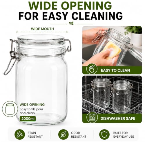 Image of Vasukie 2000ML Glass Jars With Airtight Leak Proof Lids | Wide Mouth Storage Canister Jars Perfect for Kitchen Canning, Dry Food, Spices, Pickle, Coffee, Tea, Snacks, Sugar, and More (Pack Of 3)