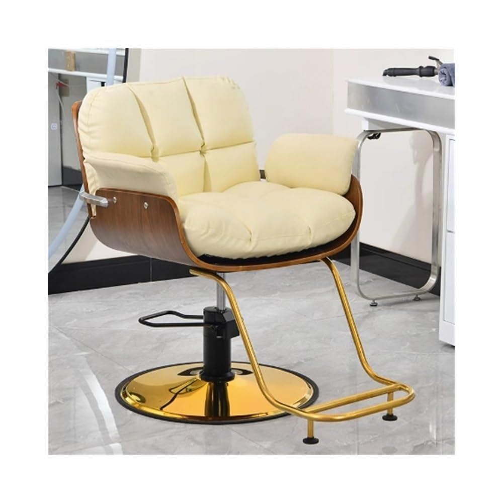 Regulowane krzesło fryzjerskie do salonów fryzjerskich stylowe beżowe krzesło do salonu ergonomiczna konstrukcja profesjonalny fotel fryzjerski wyposażenie salonu regulacja wysokości wygodna tapicerka