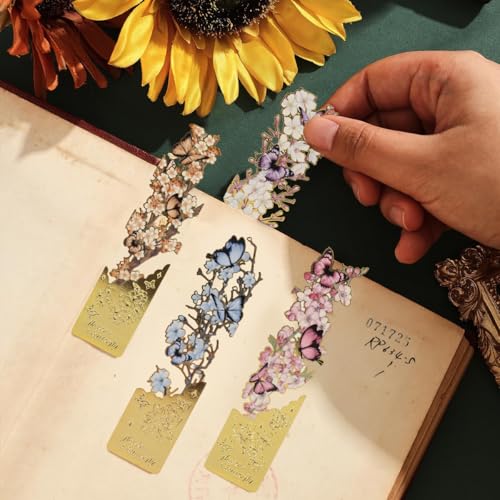 Image of Butterfly Metal Bookmark Set of 4, Vintage Cutout Rose Flower Sunflower Tassel Decorative Book Markers for Books, Textured Reading Accessories Gifts for Women Men Students