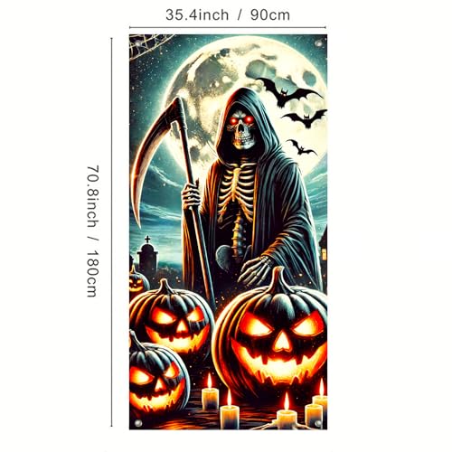 Image of BlissYard Halloween Door Cover Grim Reaper Bats 35x71 Inch Polyester | Door Banner, Wall Hanging | Grim Reaper Entry Decor, Bats Party Backdrop | Porch, Hallway, Photo Area (Gothic Art)