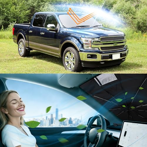 Image of Windshield Sun Shade Umbrella for 2015-2020 Fo-rd F150 | Full covered for windshield, Block UV Rays, Heat Reduction, Easy to install, Durable & Fold Up Small