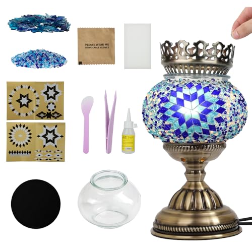 Longzhuo Turkish Moroccan Mosaic Bedside Table Night Lamp Tiffany Style Handmade Glass Mosaics Aromatherapy Lamp Unique Vintage Bohemian Turkish Lamps for DIY Home Decor Gifts (Blue)