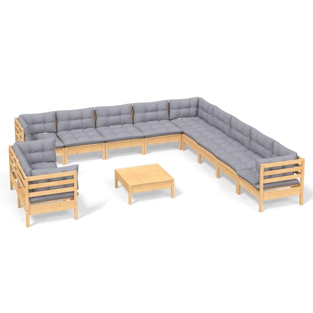 Juego de salón de jardín de madera de pino macizo con cojines grises, conjunto de asientos para terraza y jardín, modular combinable, soporta hasta 110 kg por asiento