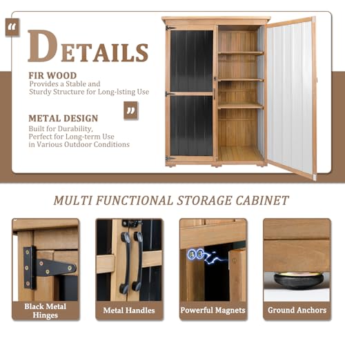 Image of 46 inch L Large Outdoor Storage Cabinet with Shelves, Wood & Metal Storage Shed Weather-Resistant, Outside Storage Cabinet for Garage Patio Backyard Garden with Waterproof Roof