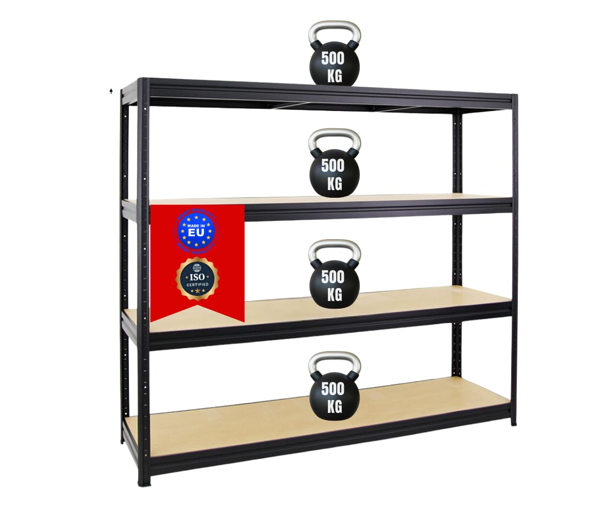 PROREGAL Étagère Charge Lourde Dino | HxLxP 180x200x60cm | 500kg par Niveau | Noir | Étagère Robuste de Garage, Atelier, Cave, sous-Sol, Stockage, Rangement, Rayonnage
