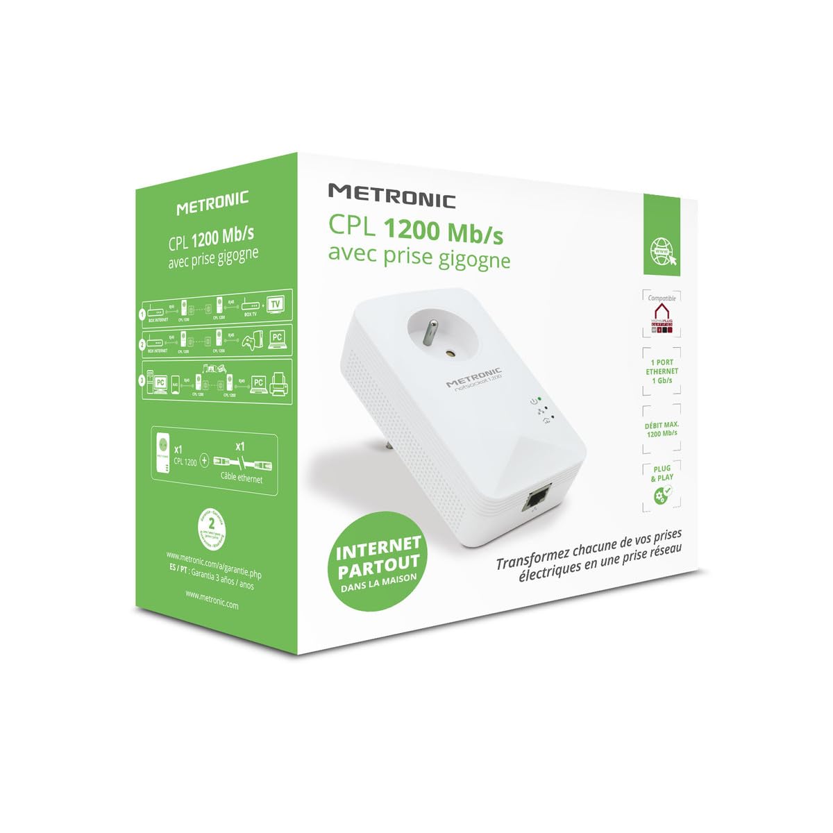METRONIC 495486 CPL WiFi 1200 Mbps avec Prise Filtré gigogne- Compatible Toutes Box Internet (Fibre, ADSL) - Port Ethernet - Idéal TV, Streaming, Jeux, Télétravail - Blanc