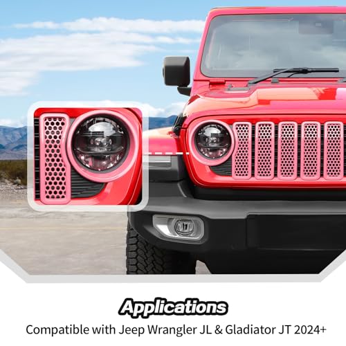 Image of JeCar Mesh Grill Inserts Headlight Cover Trim for Jeep Wrangler JL JLU 2024+ (Pink)