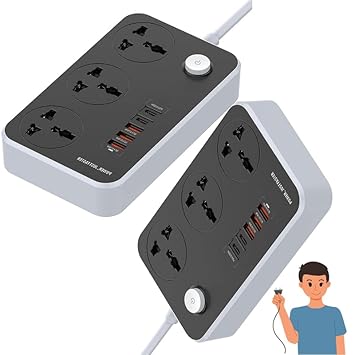 Drumstone 4 USB 3 Universal Sockets Smart Power Strip with 3.4A Auto-ID USB, Surge Protection, 2m Extension Cord | Home & Office Use?- ?