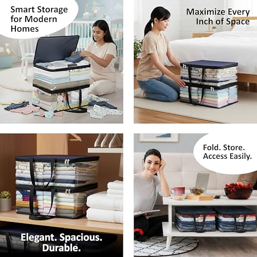 Image of CRASOME Pack of 5 Storage Bag for Saree Covers, Clothes, Lehenga, Bedsheets, Toys, Docs|Wardrobe Organizer|Transparent Window Storage Box Bag - (STB-MT-BLU-PACK-5)