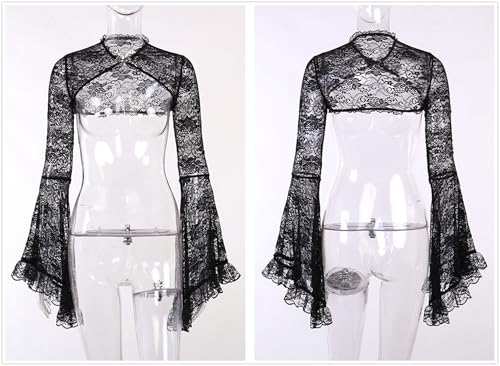 Image of Goth Bolero Shrug Women Lace Sheer Mesh Gothic Flare Sleeve Emo