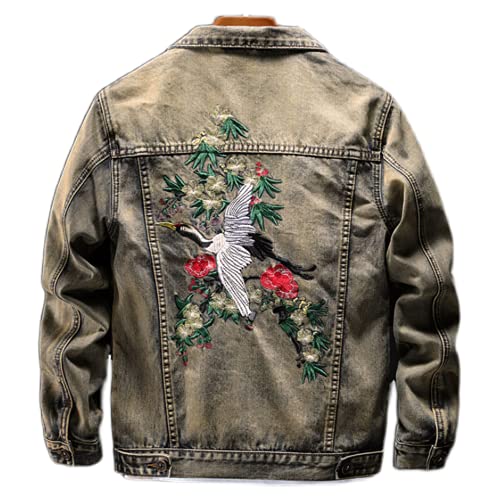 UJDKCF Kran bestickte Denim Jacke Herbst Herbst Retro Slim Jacket Jeans Kleidung Yellow XL