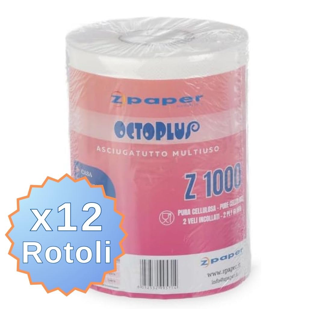 ZPAPER - 12 Rotoli Asciugatutto - Rotoloni Asciugatutto carta multiuso. Pura Cellulosa, 2 Veli, Anima a Spirale. Bobine carta asciugatutto
