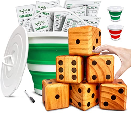 SWOOC Yardzee Farkle & 20+ Games - Light-Weight Yard Dice Game Set (All Weather) with Collapsible Bucket 5 Big Laminated Score Cards and Marker (Choose 2.5in or 3.5in Dice) Yard Games