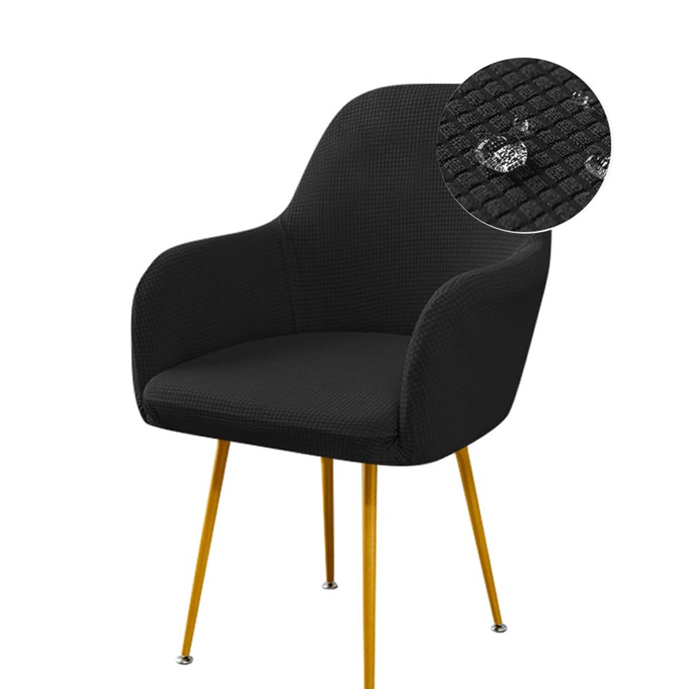 Highdi Stretch Dining Chair Covers Waterproof Jacquard Curved Back Chair Slipcovers with Armrest, Vanity Swivel Armchair Cover Removable Washable for Bedroom Party Hotel (2 PCS,Black)
