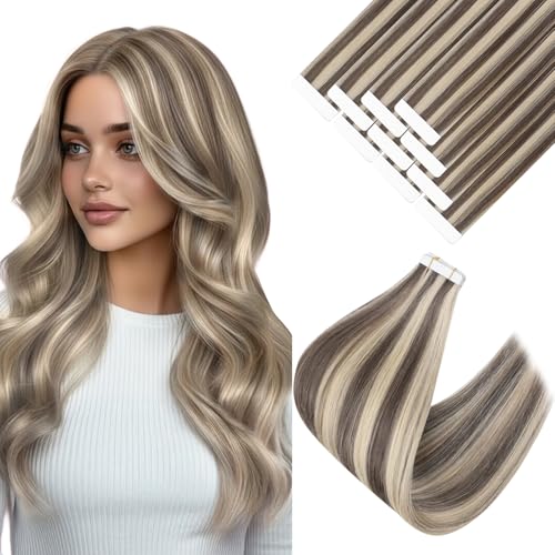 Image of Ve Sunny Hair Tape in Extensions Light Brown Highlight Blonde | Human Hair Extensions Tape ins,20Inch 25g 10Pcs,Adhesive Smooth,for Prom Party