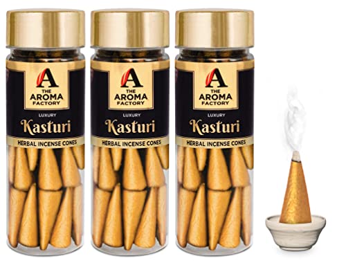 Image of The Aroma Factory Incense Dhoop Cone, Kasturi (100% Herbal & 0% Charcoal) 3 Bottles x 30 Cones