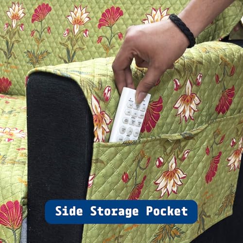 Image of House of Quirk IKATRA Series Quilted Printed Sofa Cover for Indian Sofa Set with Side Pocket - Premium Washable, Anti-Slip, Durable & Ultra Soft Fabric Protector (Green Lotus, Two Seater)