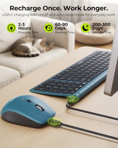 Image of seenda COE401 Wireless Keyboard and Mouse Combo, 3-Device, Black Blue | Rechargeable slim combo connects with 3 devices; quiet use for Windows, Mac, PC, laptop, MacBook and iPad