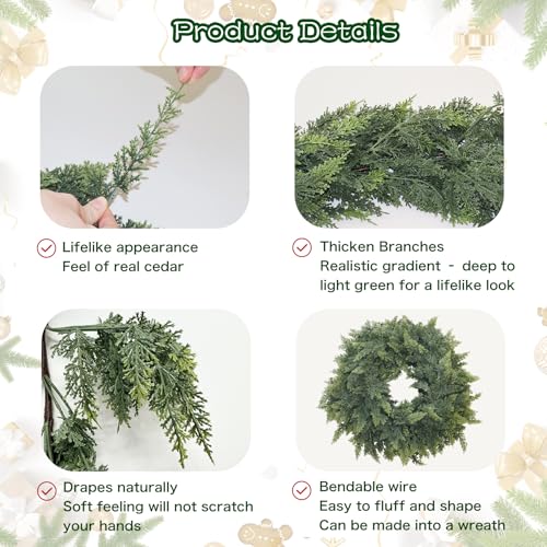 9FT Christmas Cedar Garland Artificial Real Touch Thickness Realistic Greenery Pine Garland for Mantle Fireplace Outdoor Indoor Christmas Decorations