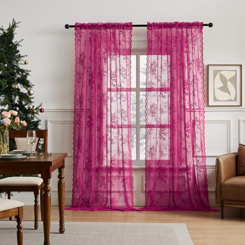 108 Inch Raspberry Lace Curtains Rod Pocket Large 3D Floral Embroidery Semi Sheer Privacy Scalloped Edge Window Panels for Living Room Master Bedroom Year Round Women Girls Berry Plum Merlot, 52x108