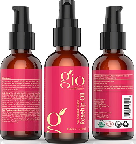 Organic Rosehip Oil 4oz - Reduce Wrinkles,Scars, Dark Spots & Fine Lines- Gio Naturals USDA Certified Organic Rosehip Oil delivers all-over nourishment and repair for healthier, younger looking skin.