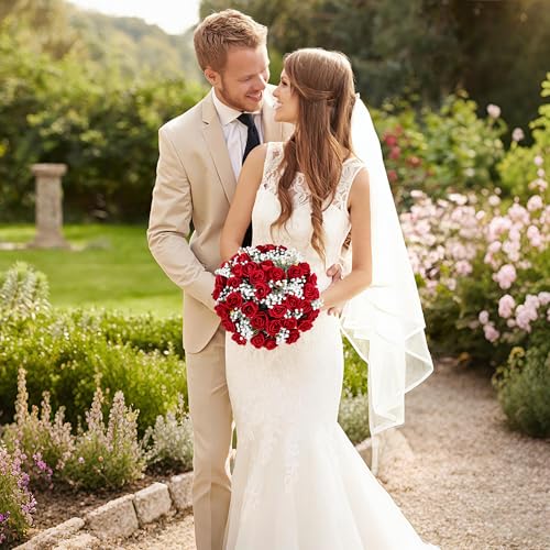 Image of HyeFlora 35 PCS Artificial Red Roses with 15 PCS Fake Baby Breath Realistic Fake Flowers Bouquet with Long Stem for DIY Wedding Party Home Decoration Vase Tables Centerpieces Arrangements Gift for Her