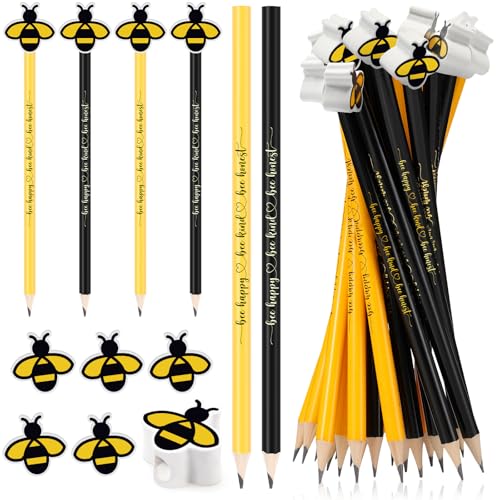 PerKoop Set de 48 lápices con borradores en forma de abeja miniatura 1