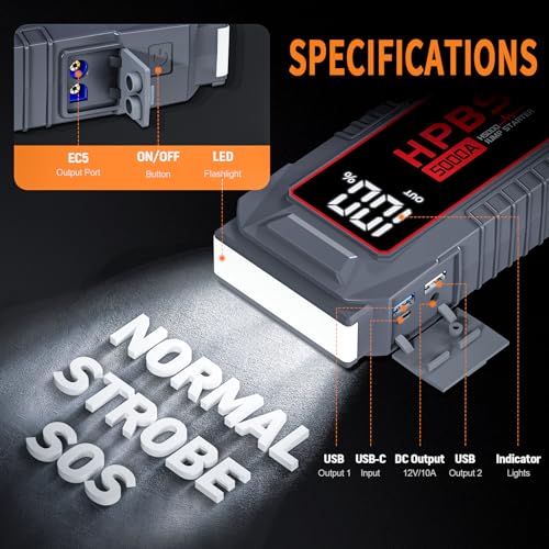 Image of Car Jump Starter - 5000A Peak Jump Starter Battery Pack with DC for Up to All Gas and 10.0 L Diesel Engines, 12V Portable Battery Jump Starter with 3.0 inch LCD Display