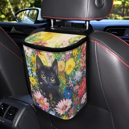 Image of Talayituse Cat Daisy Print Car Trash Can Accessories Organizer Garbage Bag Dustbin Container with Lid Waste Basket Storage Pocket Hanging Large Size Vehicle Trash Bin