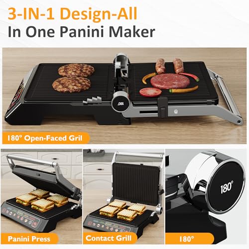 Image of Sunvivi Indoor Grill & Griddle with Preset Menu, 1600W Electric Panini Press Sandwich Maker, Removable Nonstick Plates, Locking Lid, Double-sided Grill with 180 Flat Opening, Stainless Steel, Black