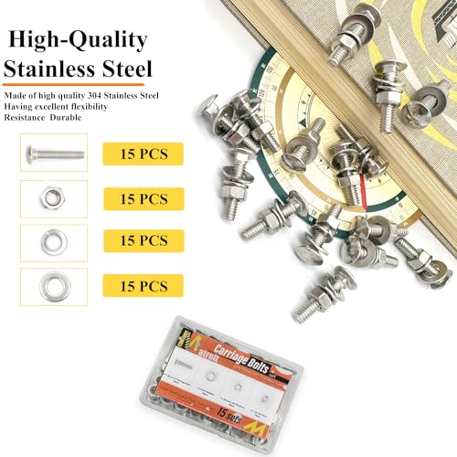 Image of 15 Sets 1 /4 inch-20 x1-1 /4 Carriage Bolts Round Head Square Neck Screws with Hex Nuts Flat Washers Spring Lock Washers 304 Stainless Steel Full Thread Coverage Square Neck Bolts Assortment Kit