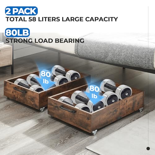 2-Pack-Under-Bed-Storage-Drawers-Organizer-with-Wheels-Brown-58L-total-capacity-80-lb-per-Drawer-Fits-6-in-Bed-Clearance-Rolling-Drawers-for-Shoes-Clothes-Linens-Toys