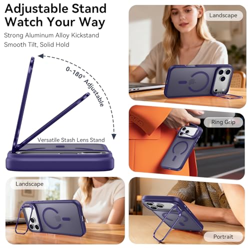 Image of for iPhone 17 Pro Max Case with Stash Lens Stand and 9H Screen Protector, Compatible with MagSafe, Military-Grade Drop Protection Phone Case for iPhone 17 Pro Max, 360 Full Protection, Purple