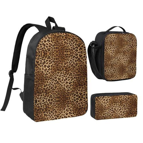Cute Leopard print Shoulder Bookbags Lunch Bag and Pen Case 17 inches Backpack with Lunch Box, Cute Bookbag Set
