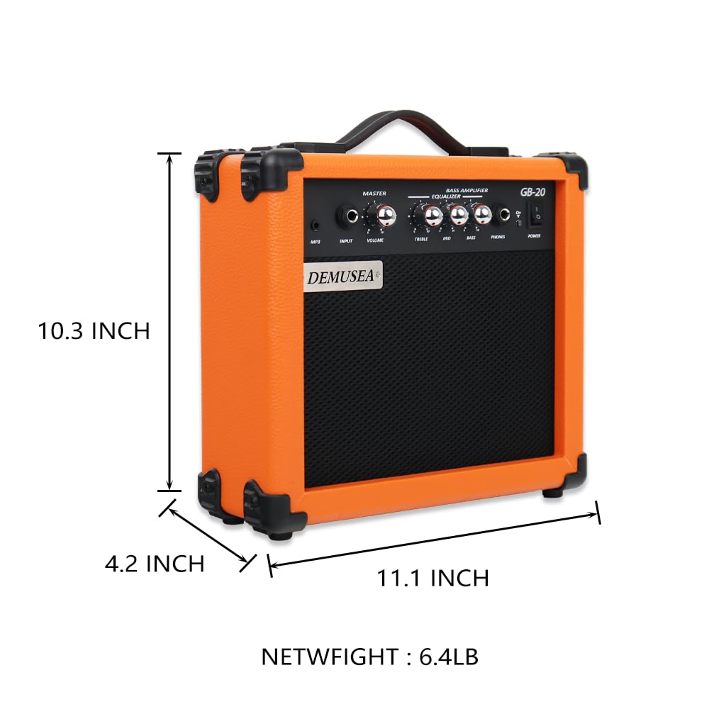 Amplificador de bajo eléctrico portátil naranja de 20 W, mini amplificador de viaje con conector para auriculares auxiliar, agudos, volumen de graves medios