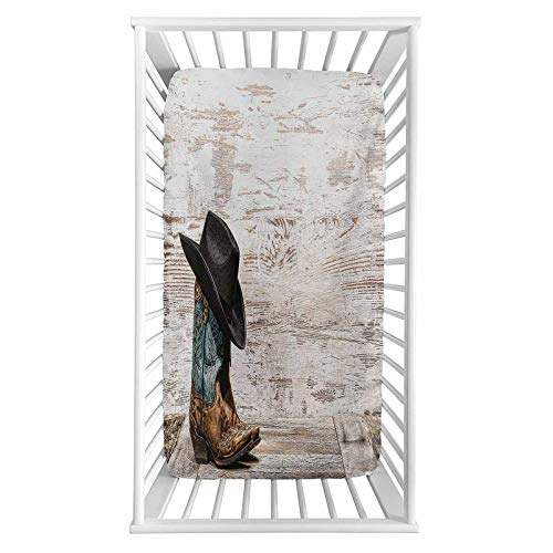Image of Western Fitted Crib Sheet,Traditional Rodeo Cowboy Hat and Cowgirl Boots Retro Grunge Background Art Photo Microfiber Silky Soft Toddler Mattress Sheet Fitted,28"x 52"x 8'',Baby Sheet for Boys Girls