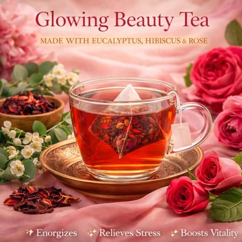 Image of Sancha Tea Boutique, Glowing Beauty Tea, Caffeine Free Herbal Tisane, 25 Pyramid Bags, Supports Skin Glow & Skin Health