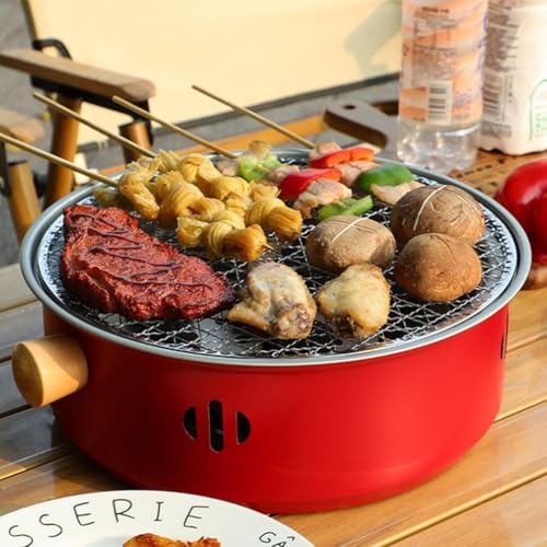 Barbecue portatile a carbonella, mini barbecue a carbonella, multifunzione, senza fumo, rotonda, da tavolo, per casa, picnic, campeggio (rosso)