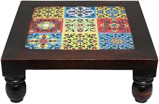 8 inches Small Wooden Wood Chowki with 9 Colorful Tiles Embedded on Bajot Square Shape Decorative Design for Pooja Items