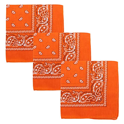 Motique Accessories Set of 3 Paisley Bandanas 100% Cotton 22 Inch Head Scarf Neck Bandana Face Cover (Orange)