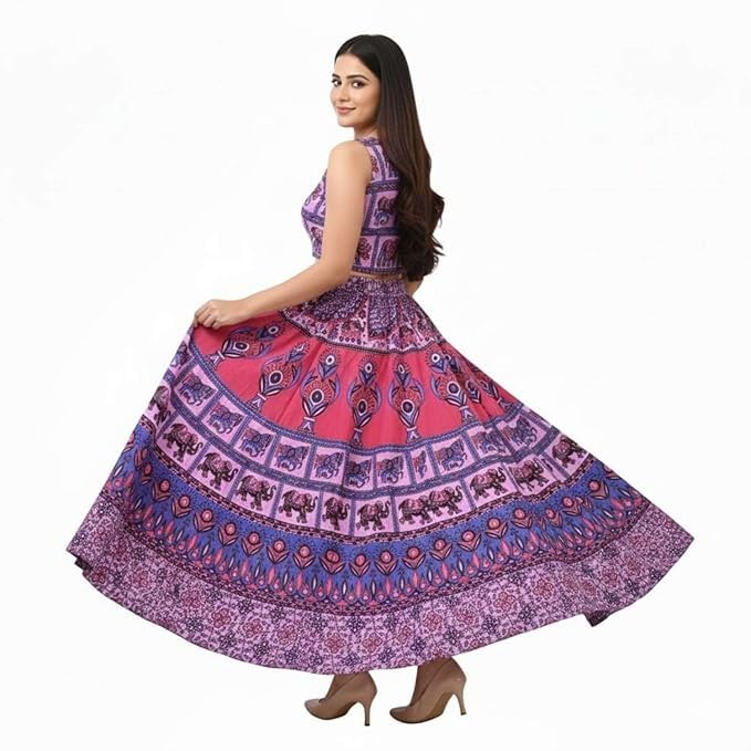 Image of HARSHITA-Enterprises Jaipuri Women's Cotton Printed Elastic Long Skirts
