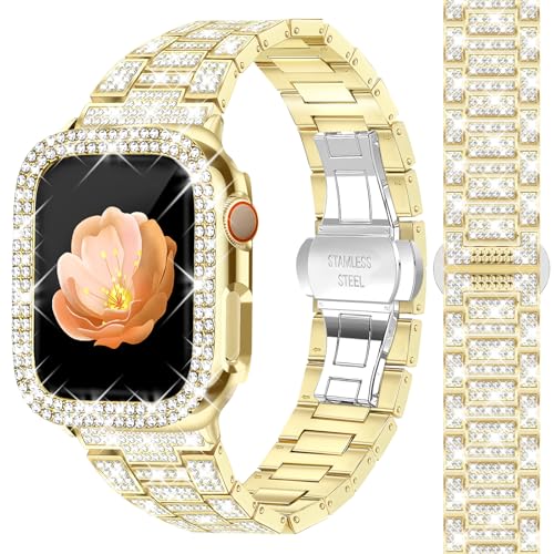 Newlibery Full Bling Watch Bands with Bling Case for Women Compatible with Apple Watch Band 46mm Elegant Dressy Jewelry Replacement Metal Link Wristband Protector Cover for iWatch Series 12/11/10 Gold