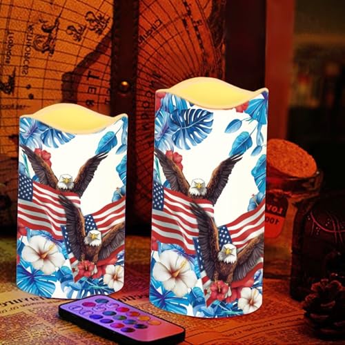 Image of USA Flag Flameless Candles Bald Eagle Tropical Flowers Flameless Candle with Remote Timers for Lights Patriotic Independence Day Lamp for Home Dinner Table Garden Tea Party, 4 Pack