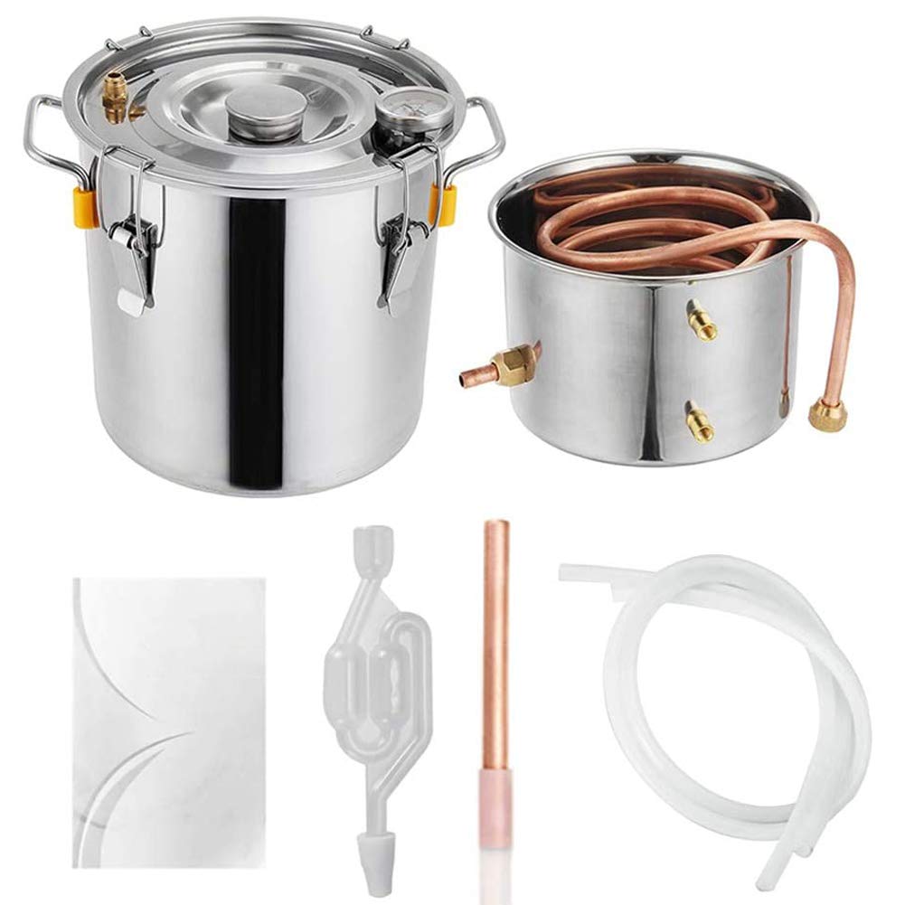 JIXIN Alambique, 3Gal 12L Destilador De Alcohol Moonshine Todavía Termómetro Incorporado Kits De Destilación Caldera Kit De Elaboración Casera De Acero Inoxidable (3Gal / 12L)