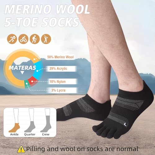 Image of HABITER Merino Wool Toe Socks for Men & Women-50% Merino Wool,No Show,Lightweight,Arch Support Hiking Socks,Running,Long Walk